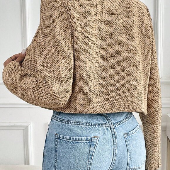 Brown Elegant Women's Metal Double-Breasted Long Sleeve Short Woollen Coat - Picture 2 of 5